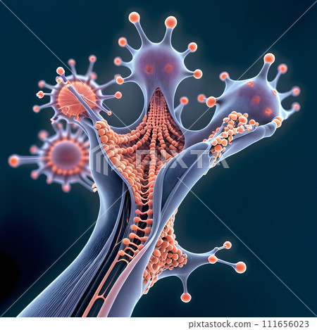 AI-generated content. An artistic representation of a cellular, virus structure. 111656023
