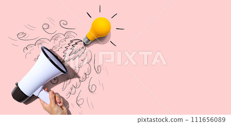 Attention and announcement concept with an idea light bulb flying to the sky like a rocket 111656089