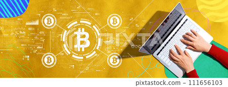Bitcoin theme with person using a laptop 111656103