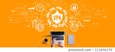 VPN concept with person working with laptop VPN concept with person working with laptop 111656170
