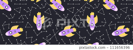 Baby cute seamless pattern with space elements on dark background. Hand drawn flat cartoon style. Vector illustration 111656396