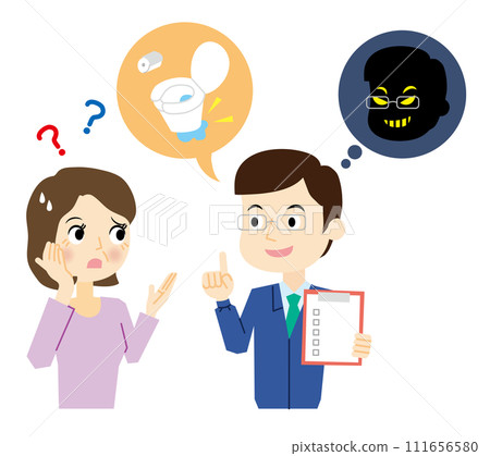 Woman talking to remodeling scammer 111656580