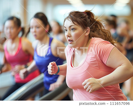 Fat woman running on a treadmill 111657096