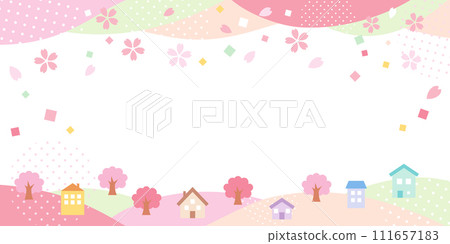 色彩繽紛的春天活動背景與飛舞的櫻花 111657183