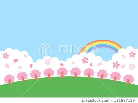 Background of cherry blossom trees in full bloom and blue sky with rainbow Background of cherry blossom trees in full bloom and blue sky with rainbow 111657189