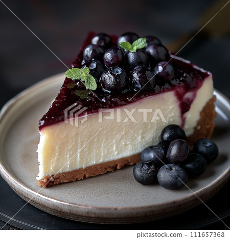 Cheesecake with blueberries and blueberry syrup 111657368