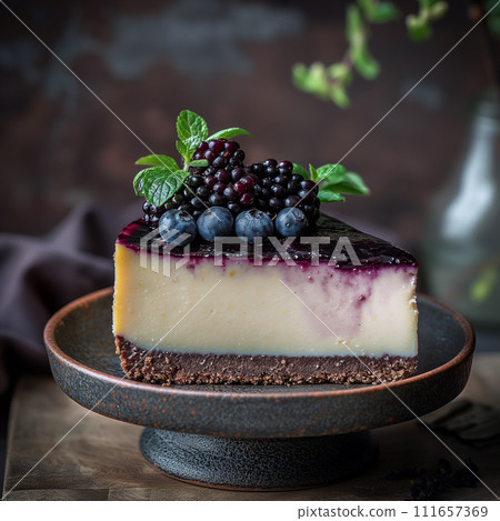 Cheesecake with blueberries and blueberry syrup 111657369