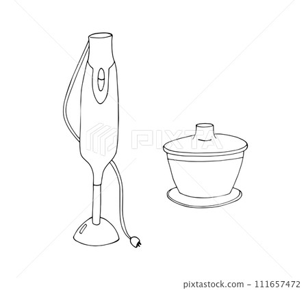 Immersion blender.  Handheld Stick blender. Kitchen appliance. Hand blender for cooking. Household appliances for cooking healthy food. Isolated vector illustration on white background. 111657472