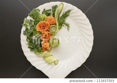 Salmon salad black background overhead view Salmon salad black background overhead view 111657503
