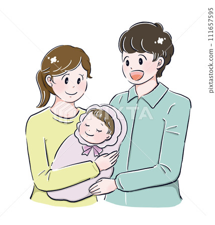 Mother holding a newborn, young family, shrine visit 111657595