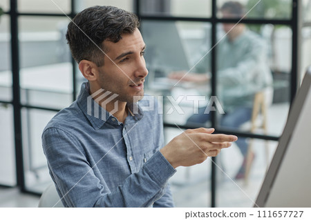 In Big Diverse Corporate Office Portrait of Beautiful Manager Using Desktop Computer 111657727