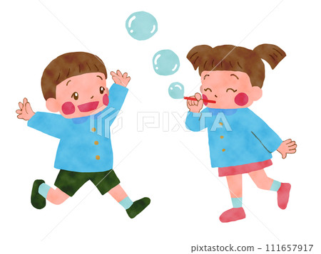 Children playing with soap bubbles Children playing with soap bubbles 111657917