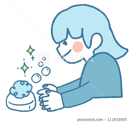 Hand-drawn illustration of a girl washing her hands with soap 111658005
