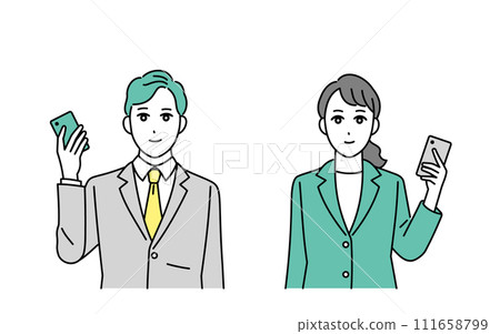 Illustration of a business person smiling and holding a smartphone Illustration of a business person smiling and holding a smartphone 111658799