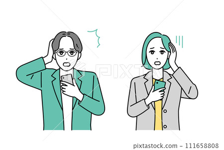 Illustration of a business person holding a smartphone with a troubled face 111658808
