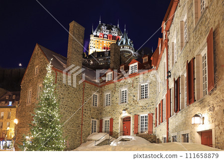 Quebec City skyline illuminated at dusk in winter, Canada 111658879