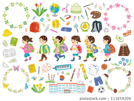 Elementary school student carrying a school bag, stationery and tools for school life, spring plants, illustration set Elementary school student carrying a school bag, stationery and tools for school life, spring plants, illustration set 111659209