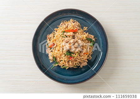 stir-fried instant noodles with basil and minced pork stir-fried instant noodles with basil and minced pork 111659338