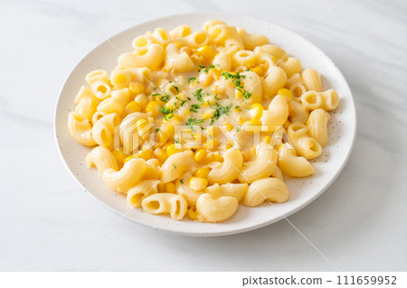 macaroni creamy corn cheese on plate macaroni creamy corn cheese on plate 111659952