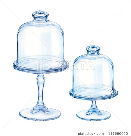 Cloche glass cake stand watercolor drawing dome. Glassware dish tray leg lid set. Dessert treat fruit. Bakery transparent cover. Pastry aquarelle isolated white background. Transparent clear tableware 111660050