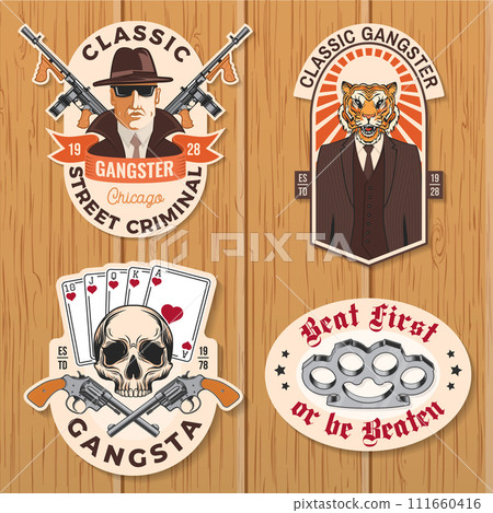 Set of American gangster club badge, patch, sticker design. Vector illustration. Vintage monochrome label, sticker, patch with gangster, submachine gun and tiger gangster skull silhouettes. 111660416