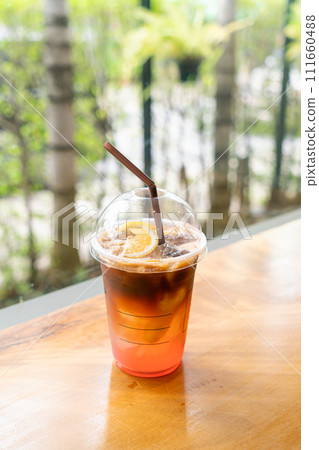 espresso coffee shot with lemon peach soda 111660488