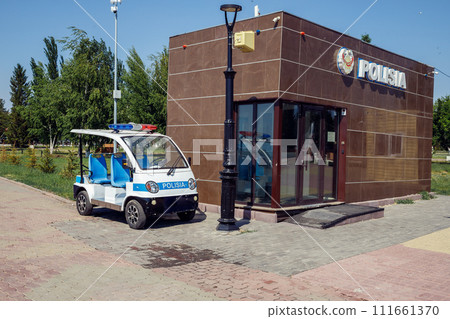 Electric Police Patrol car. Police golf car near police station on city beach in Pavlodar, Kazakhstan - 10.07.2023 111661370