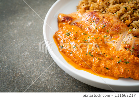 grilled chicken steak with red curry sauce and rice grilled chicken steak with red curry sauce and rice 111662217