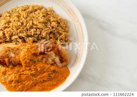 grilled chicken steak with red curry sauce and rice grilled chicken steak with red curry sauce and rice 111662224