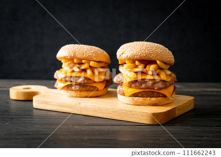 pork burger with cheese and french fries 111662243