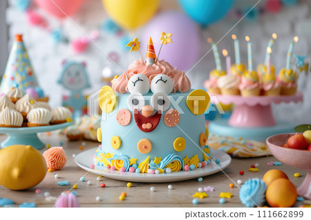 A cheerful cartoon-themed celebration cake. Generative AI. 111662899