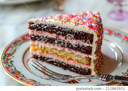 A close-up of a birthday cake slice with layers of colorful frosting and a fork on the side. Generative AI. 111662912
