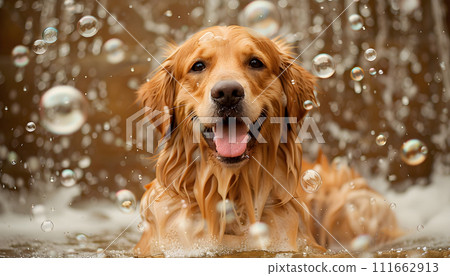 Cute dog in bathtub with foam and soap bubbles indoors. 111662913