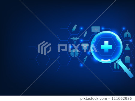 Medical technology Magnifying glass looking at medical icons, showing technology and medical that was jointly developed to help find information on treatment and diagnosis of new diseases with patient 111662986