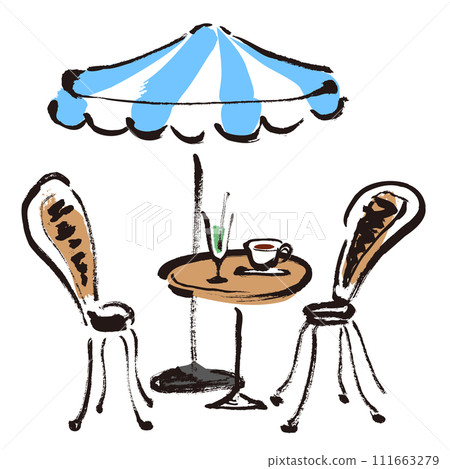Hand-drawn illustration of cafe terrace tables, chairs, and terrace umbrellas Hand-drawn illustration of cafe terrace tables, chairs, and terrace umbrellas 111663279