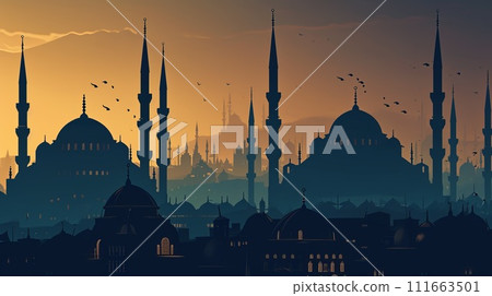 Silhouette of the mosque at sunset. 111663501