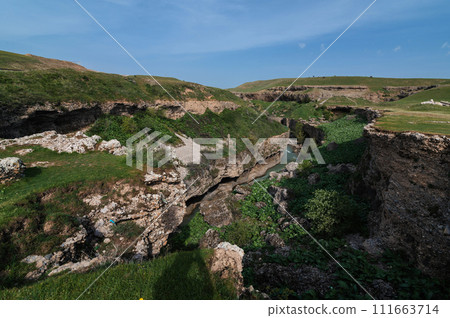 Panoramic view of Aksu River canyon in Kazakhstan in spring Panoramic view of Aksu River canyon in Kazakhstan in spring 111663714
