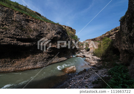 Aksu Canyon with river in mountains in Kazakhstan 111663722