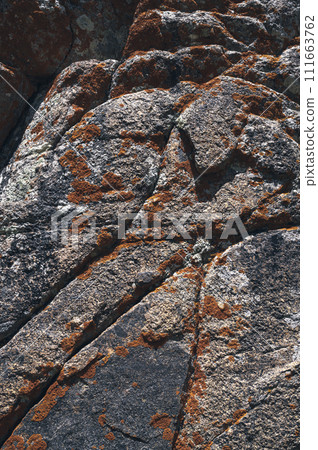 texture of surface of gray rocky mountain with cracks and orange moss close-up texture of surface of gray rocky mountain with cracks and orange moss close-up 111663762