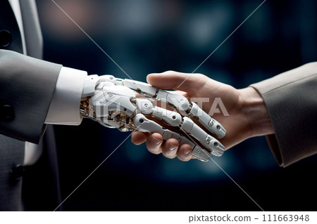 AI concept. Robot and people. Machine learning. Machine and humanoid. Bionic, smart technology. Cooperation with robot. AI generation 111663948