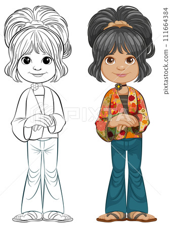 Cheerful Cartoon Girl Before and After Coloring 111664384