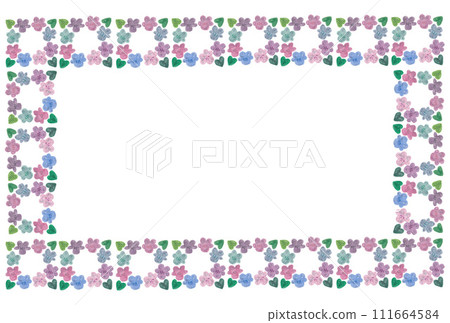 Square frame illustration of a modern wreath of violet flowers and leaves painted with transparent watercolors M 111664584
