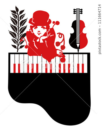 A woman in a hat poses in front of a piano. Vector illustration. Violin and leaf frame. simple A woman in a hat poses in front of a piano. Vector illustration. Violin and leaf frame. simple 111664714