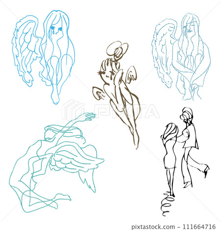 擁有天使般翅膀的女人。一組僅用線條繪製的塗鴉風格草圖的向量插圖。我們肩並肩的愛 擁有天使般翅膀的女人。一組僅用線條繪製的塗鴉風格草圖的向量插圖。我們肩並肩的愛 111664716