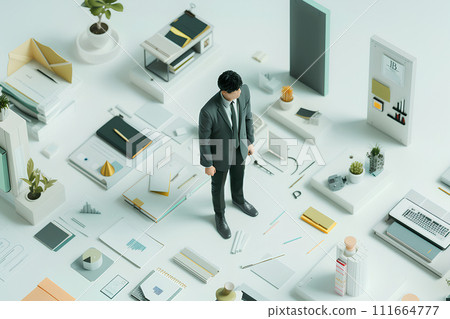 Businessman thinking in documents (3D) 111664777