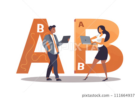 Businessman comparing and thinking about big A and B-3 (2D) Businessman comparing and thinking about big A and B-3 (2D) 111664937