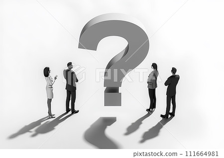 A businessman looking at a big question mark and thinking (3D) A businessman looking at a big question mark and thinking (3D) 111664981