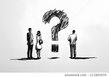 A businessman looking at a big question mark and thinking - rough illustration 111665039