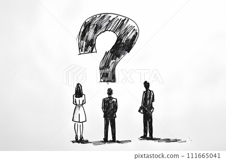 A businessman looking at a big question mark and thinking - rough illustration A businessman looking at a big question mark and thinking - rough illustration 111665041