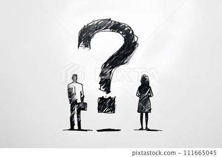 A businessman looking at a big question mark and thinking - rough illustration 111665045